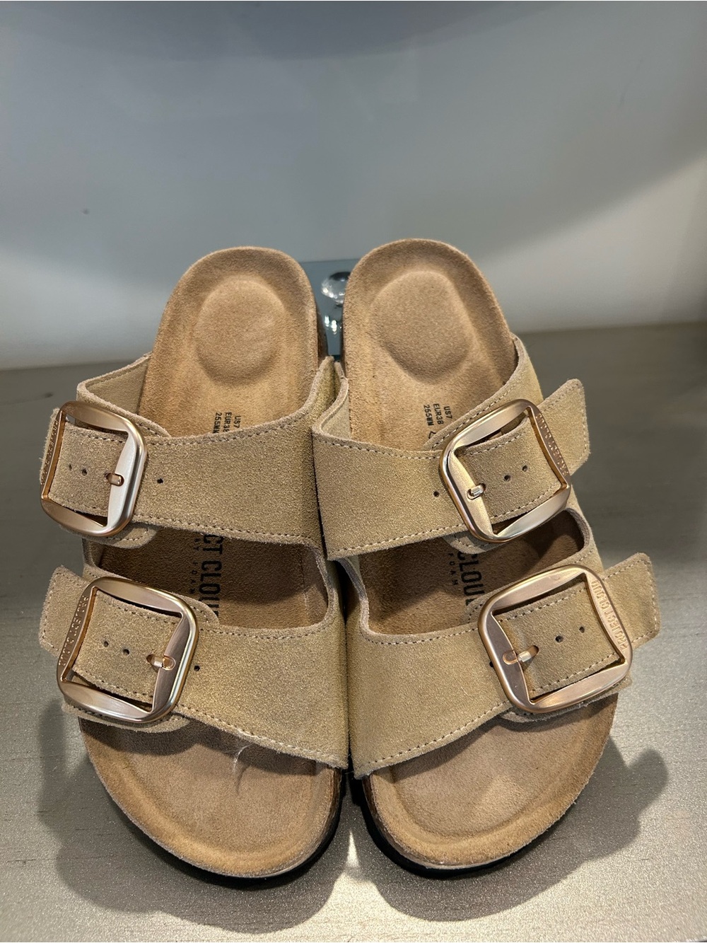 Project Cloud Taupe Suede Slide Sandals with Buckles